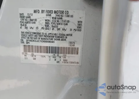 2013 Ford Edge Sel z USA, uszkodzony, nr VIN 2FMDK3JC1DBB58045